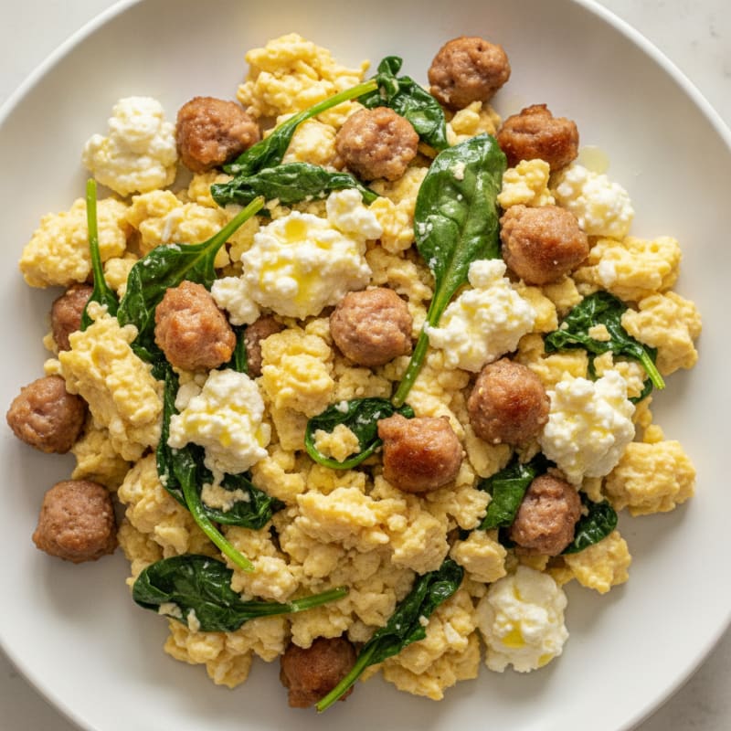 Cottage Cheese Scramble with Turkey Sausage and Spinach