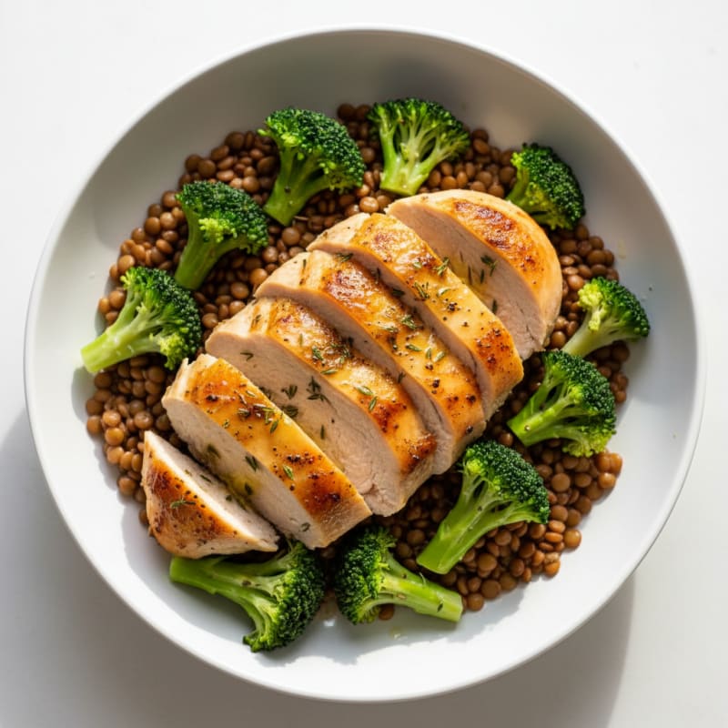Roasted Herb Chicken Breast with Steamed Broccoli and Lentils