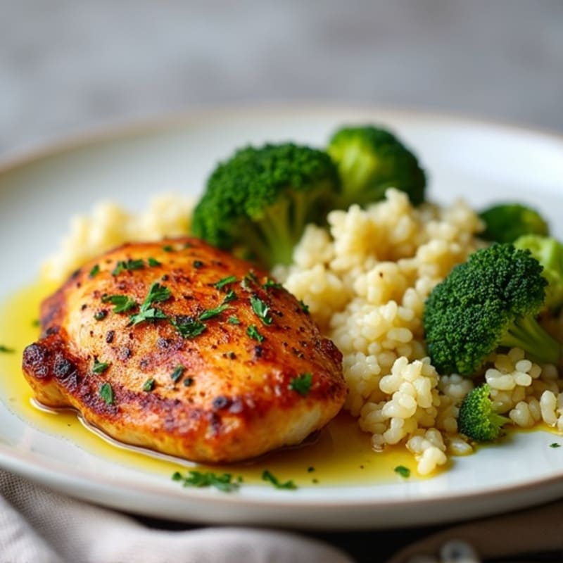 Crispy Roasted Chicken Thighs with Garlic Herb Cauliflower Rice and Roasted Broccoli