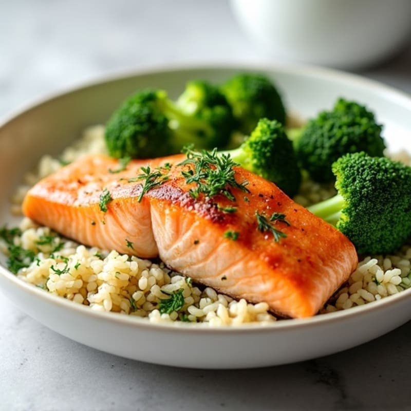 Seared Salmon with Herb Rice and Steamed Broccoli