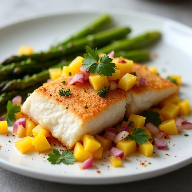 Pan-Seared Cod with Zesty Mango Salsa and Crispy Roasted Asparagus