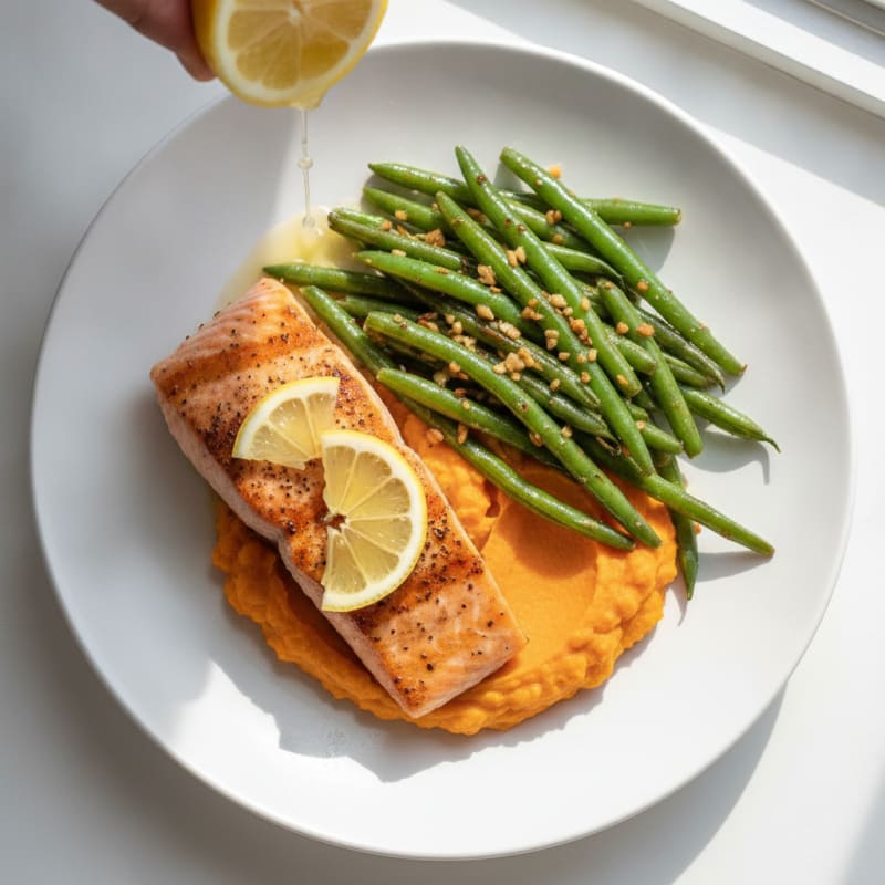 Seared Salmon with Garlic Green Beans and Sweet Potato Mash