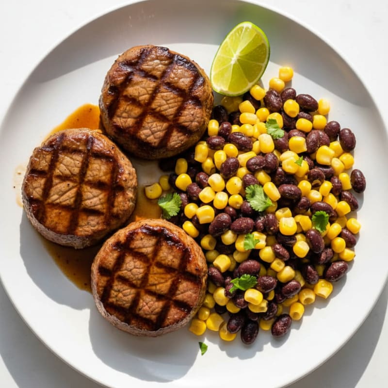 Seared Red Meat Medallions with Steamed Corn and Beans