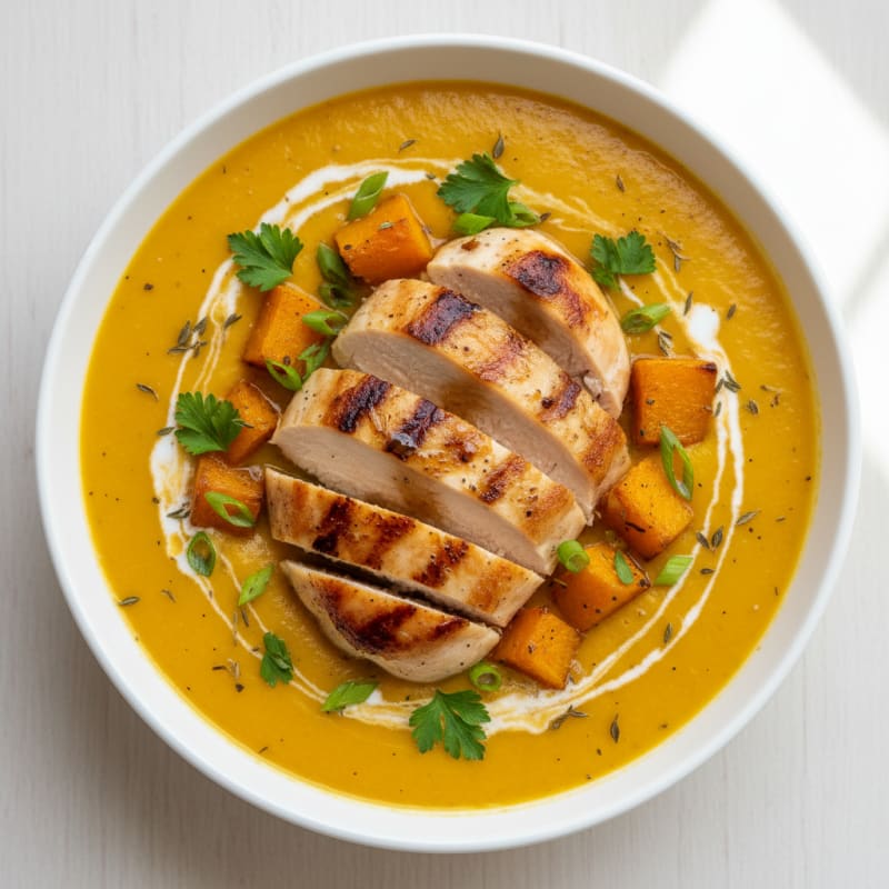 Creamy Roasted Butternut Squash Soup with Seared Chicken