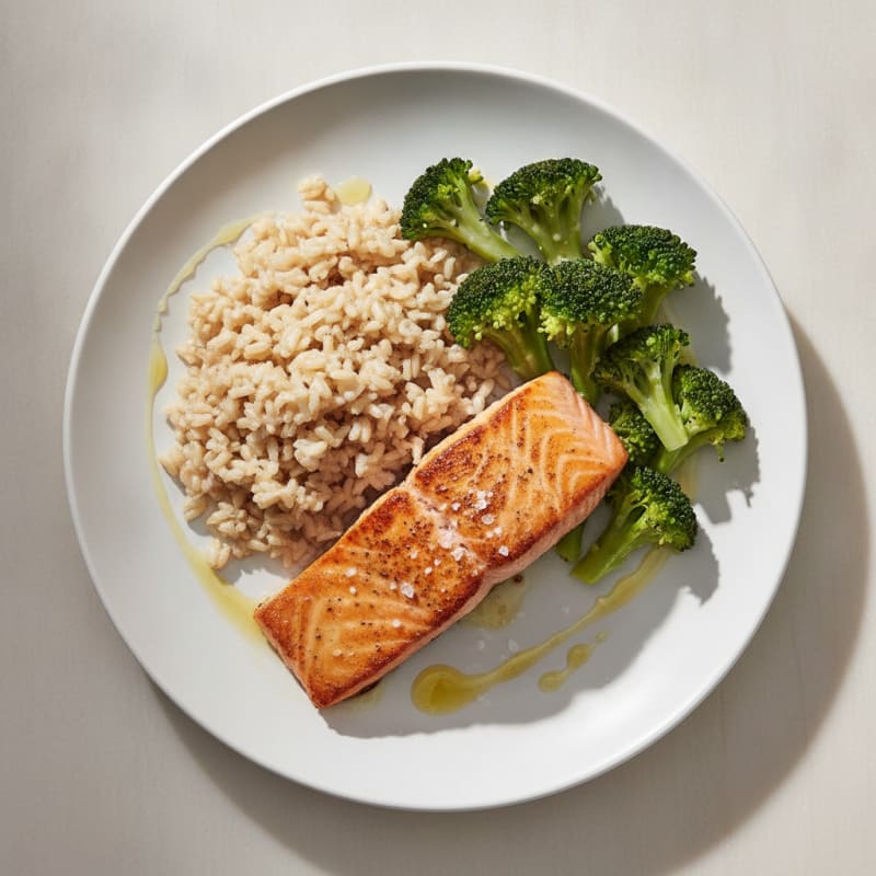 Seared Salmon with Steamed Broccoli and Brown Rice