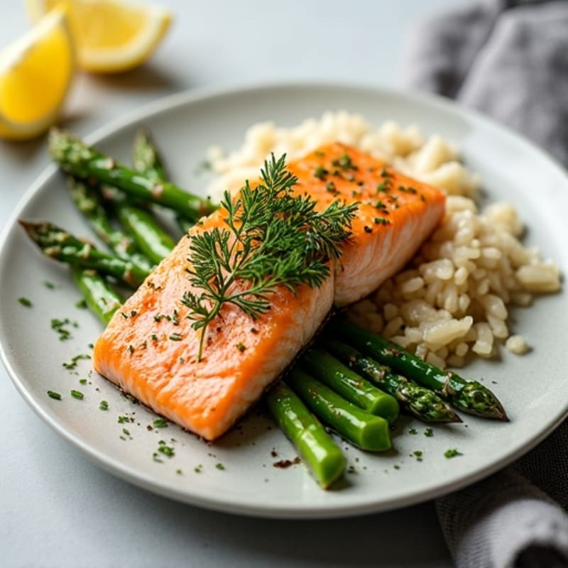 Seared Herb-Marinated Salmon with Steamed Asparagus and Brown Rice