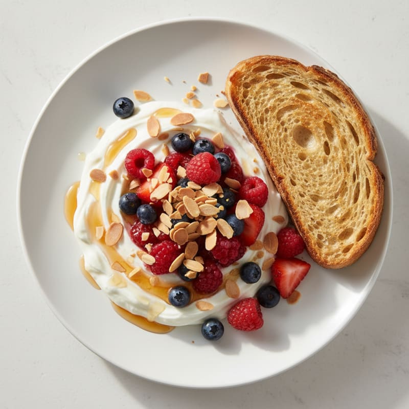 Greek Yogurt Bowl with Mixed Berries, Toasted Almonds and Sourdough Toast