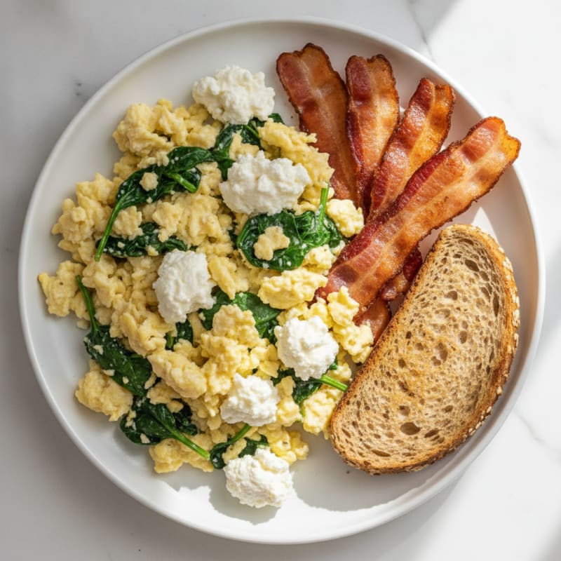 Cottage Cheese Scramble with Spinach and Turkey Bacon