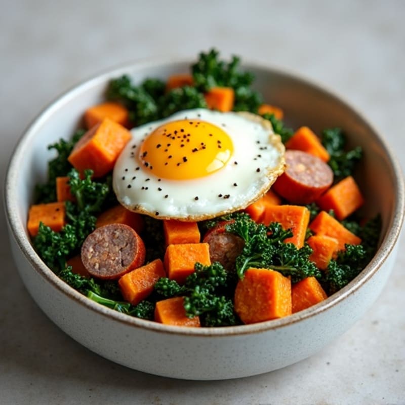 Hearty Sweet Potato and Egg Hash with Sautéed Kale