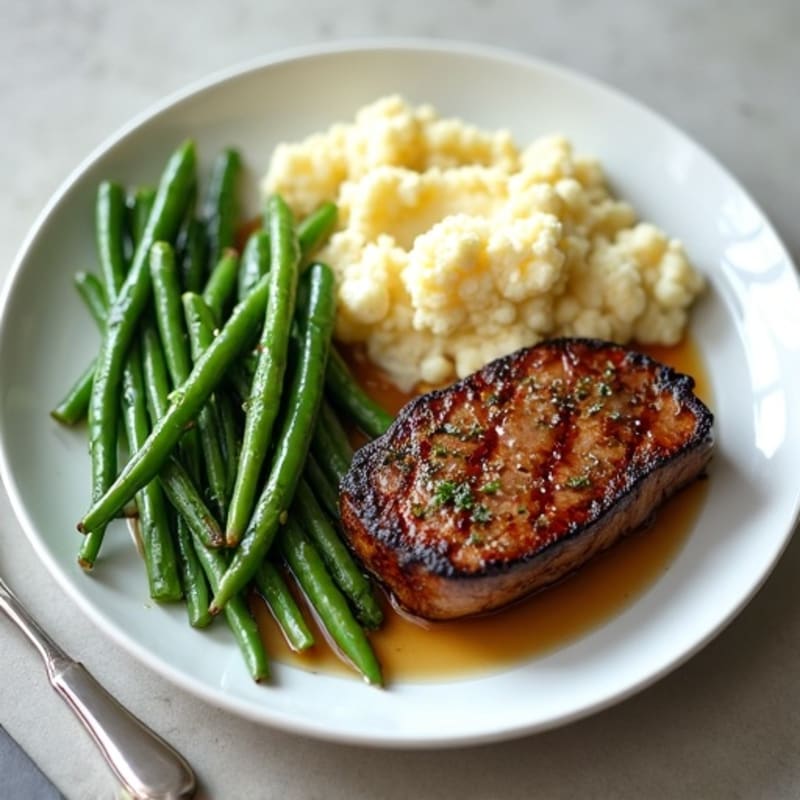 Seared Sirloin Steak with Garlic Green Beans and Creamy Mashed Cauliflower