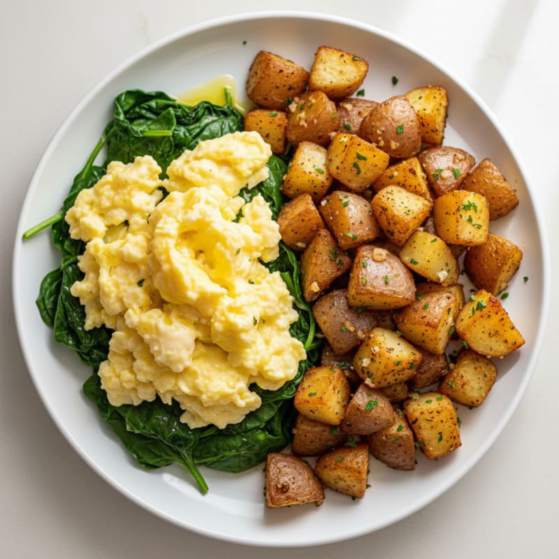 Scrambled Eggs with Roasted Potatoes and Spinach