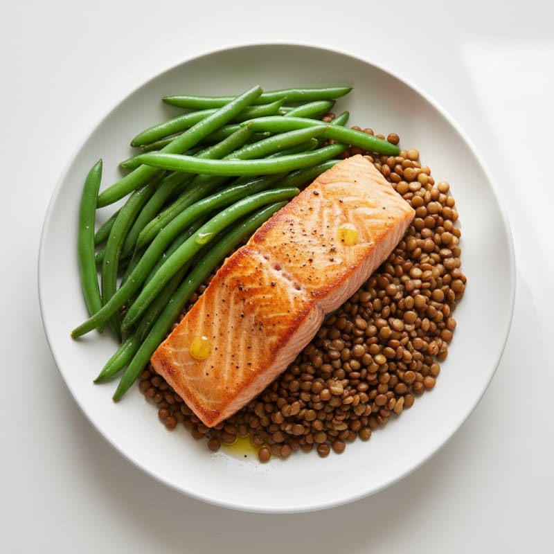 Seared Salmon with Steamed Green Beans and Lentils