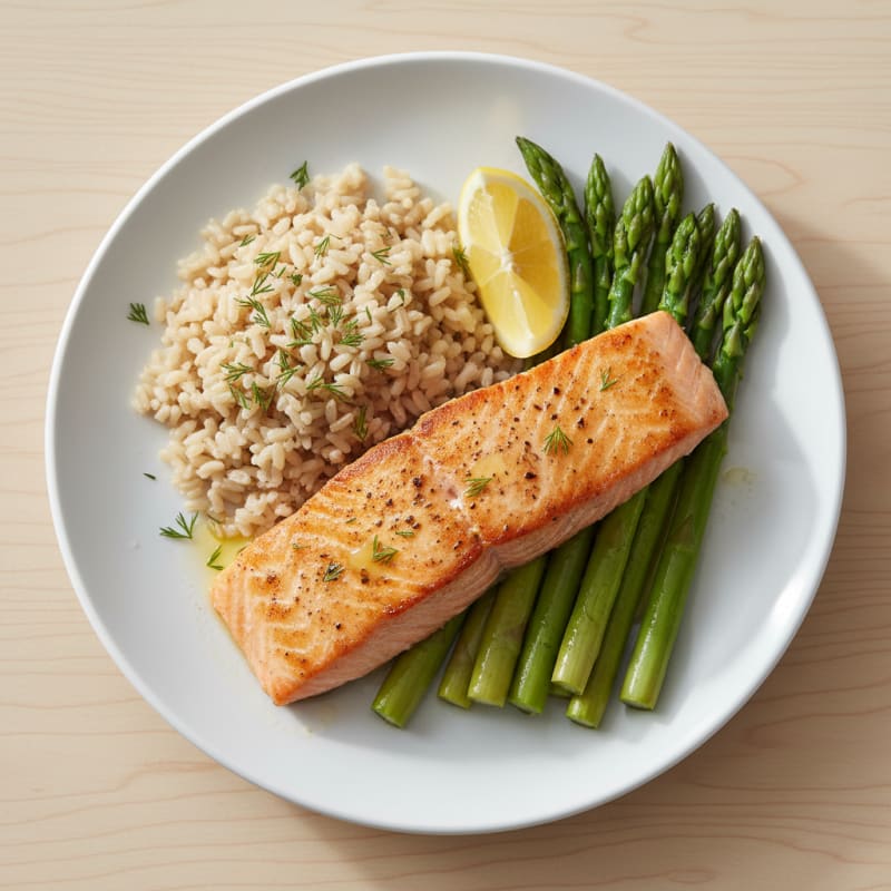 Seared Salmon with Steamed Asparagus and Brown Rice