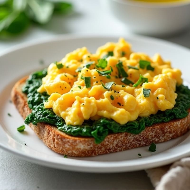 Scrambled Eggs with Cottage Cheese and Sautéed Spinach on Whole Grain Toast