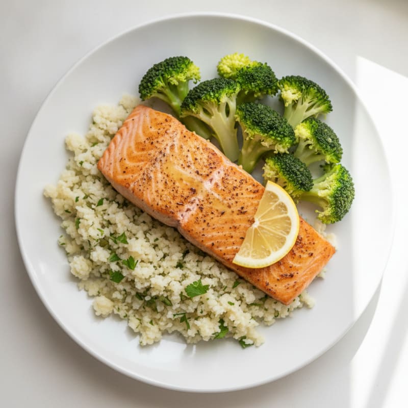 Seared Salmon with Herbed Cauliflower Rice and Steamed Broccoli