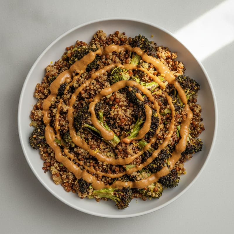 Crispy Lentil and Quinoa Power Bowl with Roasted Broccoli