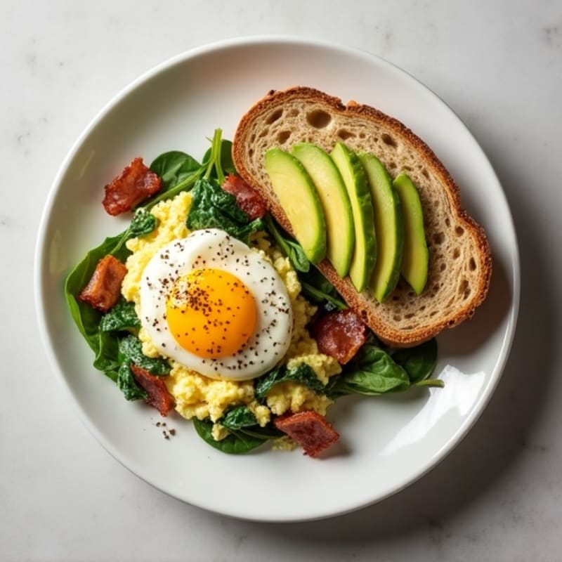 Cottage Cheese Egg White Scramble with Spinach and Turkey Bacon