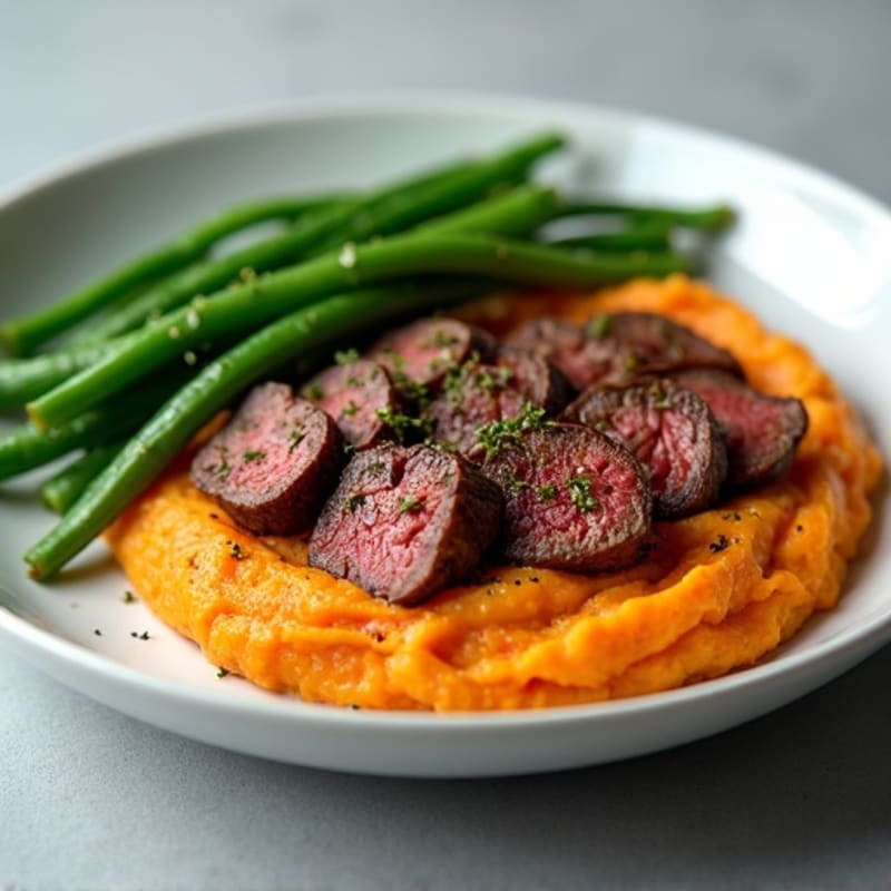 Seared Lean Beef with Steamed Green Beans and Sweet Potato Mash
