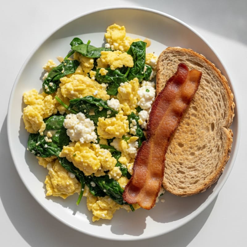 Cottage Cheese Scramble with Spinach and Turkey Bacon