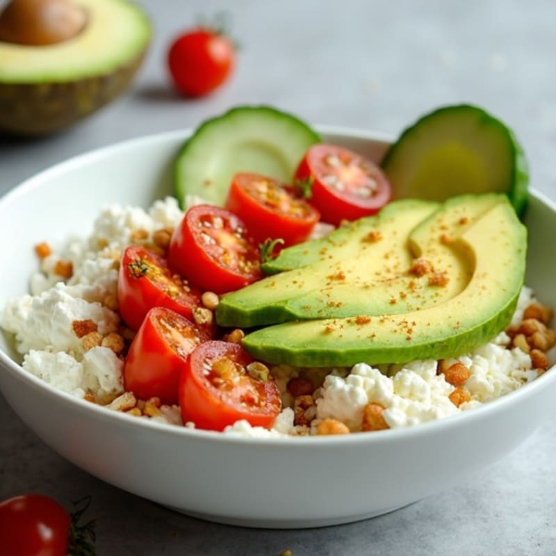Savory Cottage Cheese Power Bowl with Sliced Avocado, Cherry Tomatoes, and Everything Bagel Spice