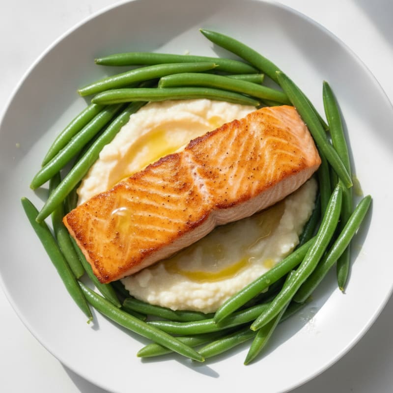 Seared Salmon Fillet with Steamed Green Beans and Cauliflower Mash
