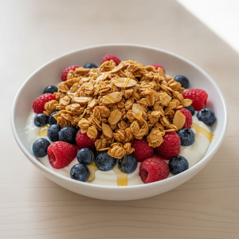 Greek Yogurt Parfait with Mixed Berries and Crunchy Almond Granola