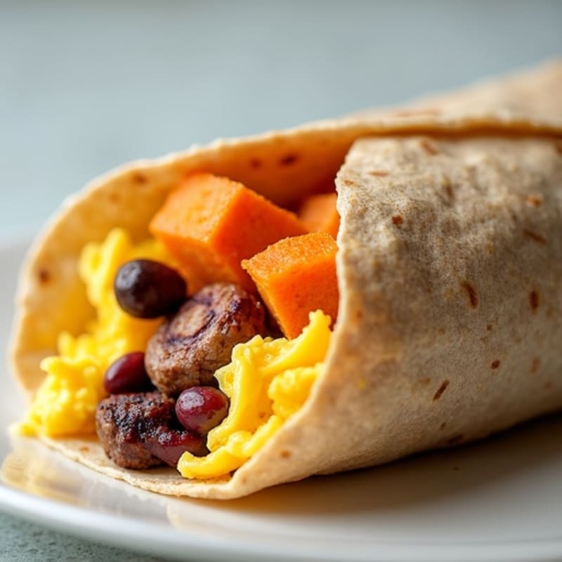 Savory Breakfast Burrito with Scrambled Eggs and Crispy Sweet Potatoes