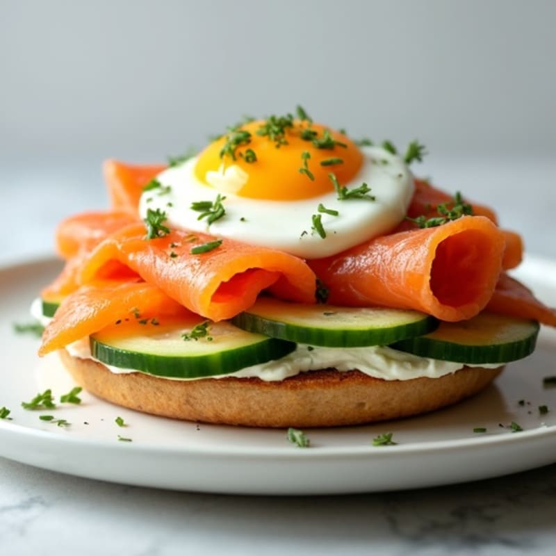 Smoked Salmon Open-Faced Bagel with Whipped Dill Cream Cheese and Crisp Veggies