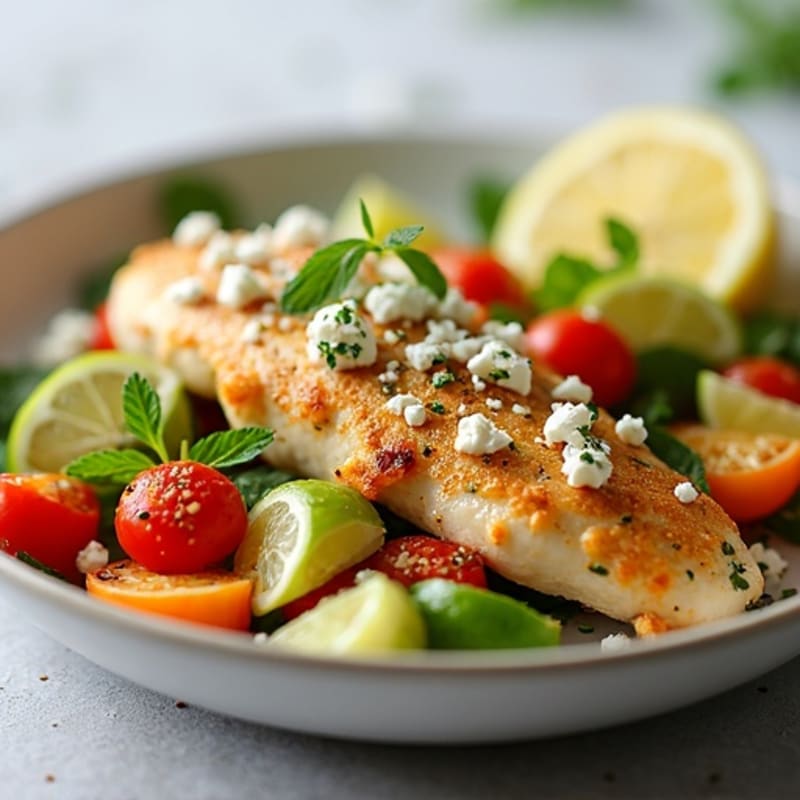 Lemon Herb Chicken with Crisp Fresh Vegetables and Crumbled Feta
