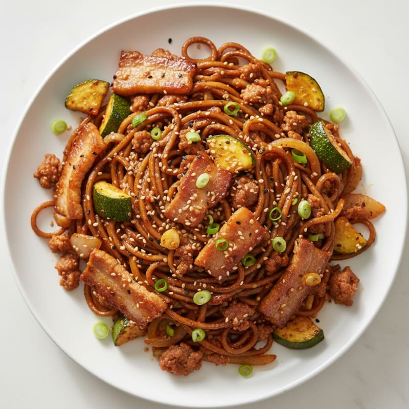 Gochujang Pork Belly with Black Bean Noodles