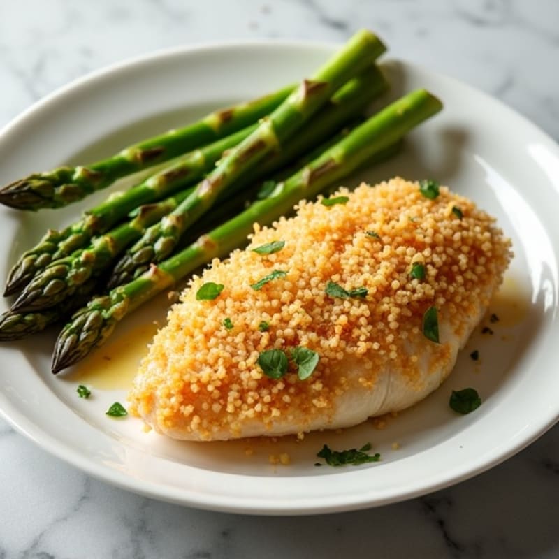 Crispy Garlic Parmesan Chicken with Roasted Asparagus Sticks