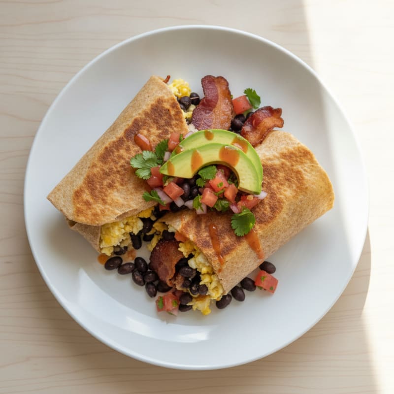 Crispy Turkey Bacon and Egg White Breakfast Burrito with Black Beans