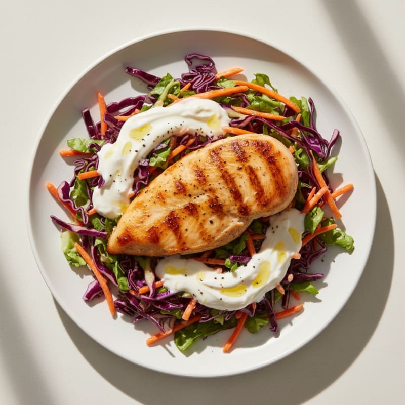 Seared Chicken Breast with Crunchy Cabbage Slaw and Greek Yogurt Dressing