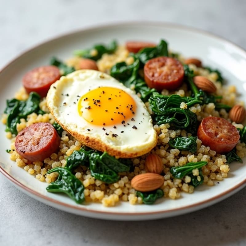 Egg White and Turkey Sausage Scramble with Sautéed Spinach and Quinoa