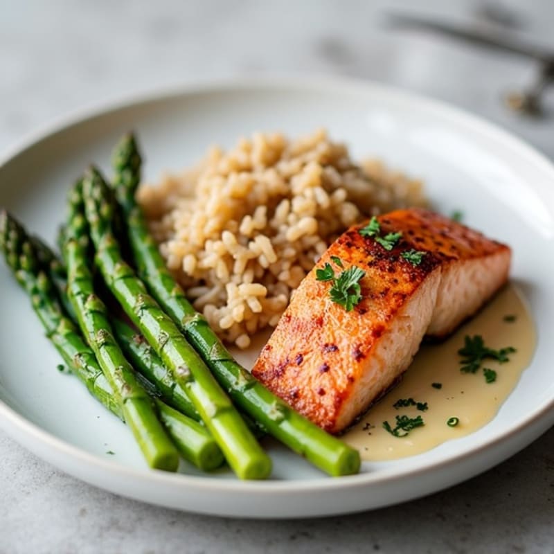 Seared Salmon Fillet with Steamed Asparagus and Brown Rice