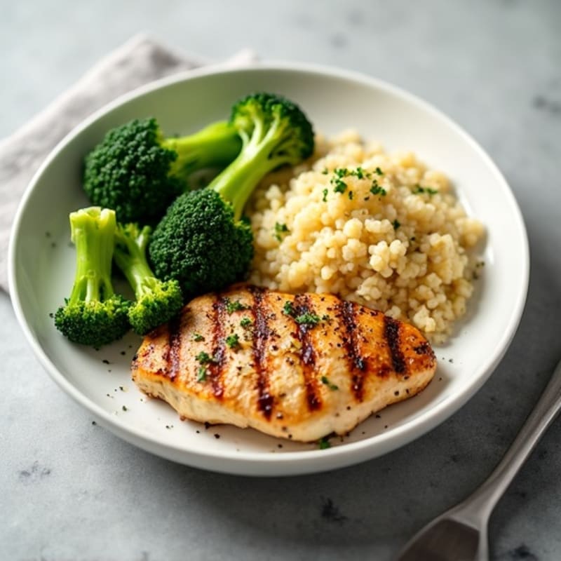 Grilled Lemon Chicken Breast with Quinoa and Steamed Broccoli