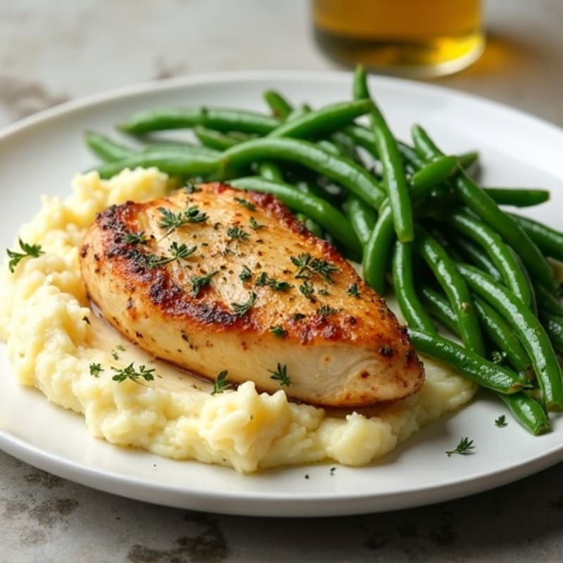 Herb-Roasted Chicken with Creamy Buttery Garlic Mashed Potatoes and Crispy Green Beans