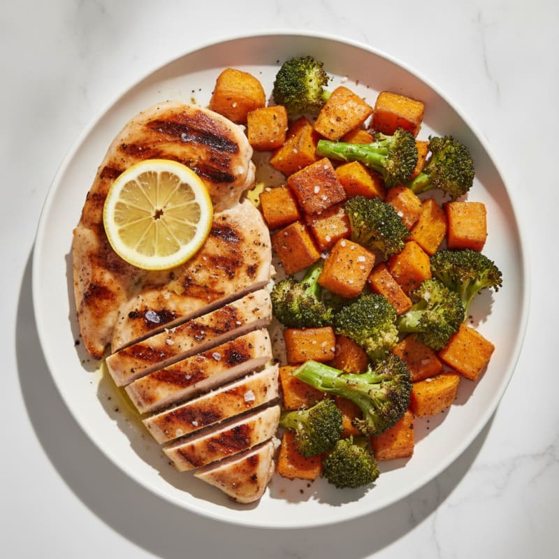 Grilled Chicken Breast with Roasted Broccoli and Sweet Potato