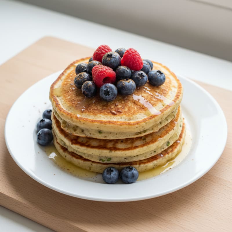 Fluffy Golden Protein Pancakes with Berries
