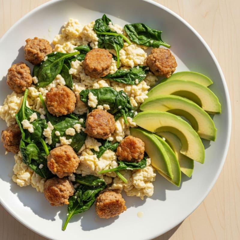 Egg White Scramble with Turkey Sausage and Sautéed Spinach