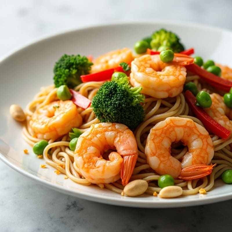 Shrimp and Vegetable Noodle Stir-Fry with Crunchy Peanuts