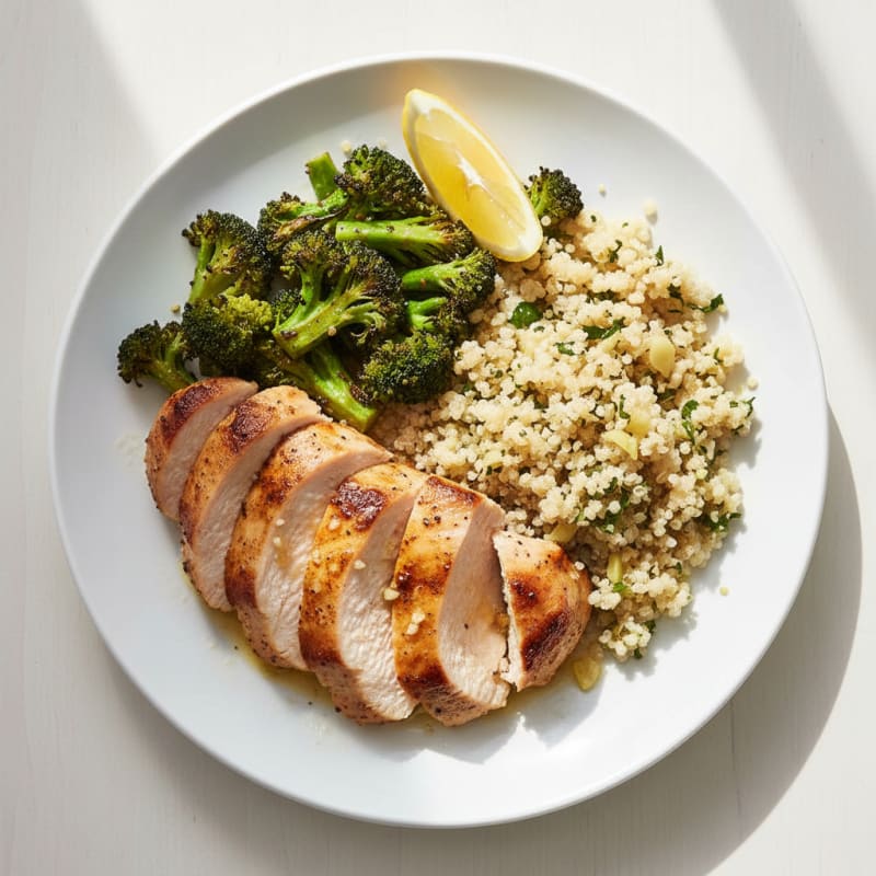 Seared Turkey Breast with Roasted Broccoli and Garlic Quinoa