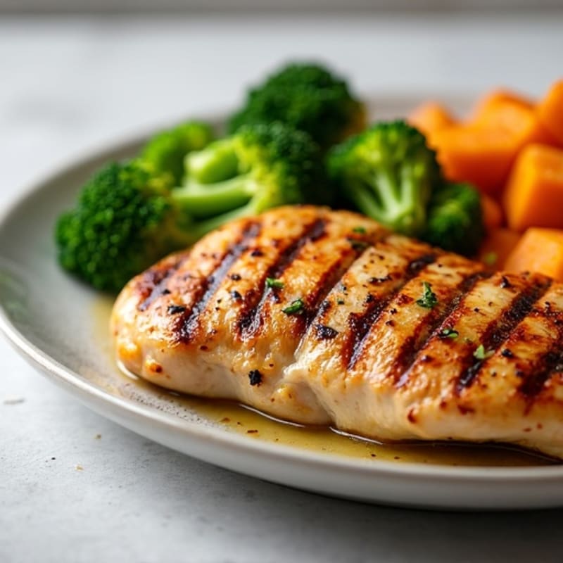 Grilled Chicken Breast with Roasted Sweet Potato and Steamed Broccoli