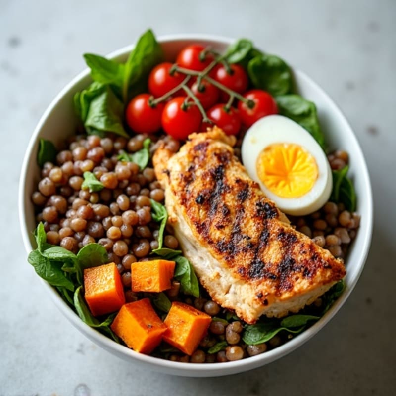 Grilled Chicken and Lentil Power Bowl with Roasted Vegetables