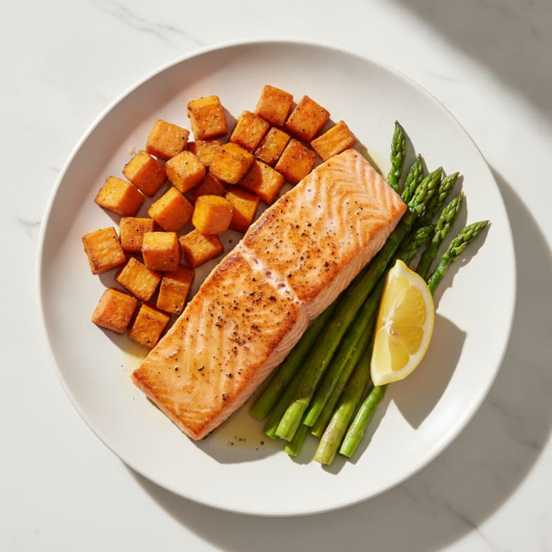Seared Salmon Fillet with Roasted Sweet Potatoes and Asparagus