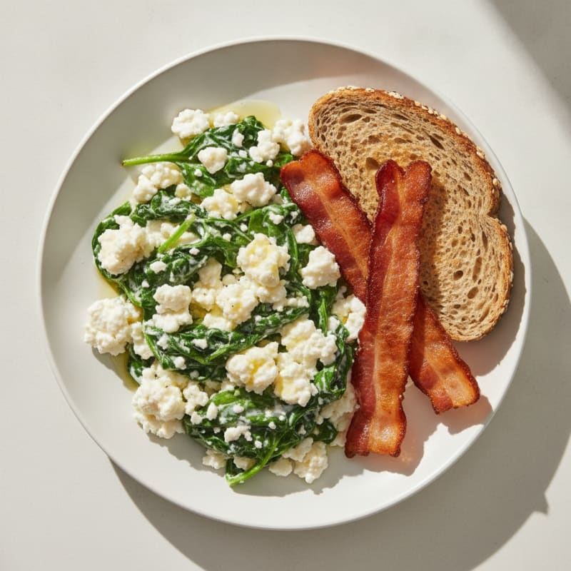 Cottage Cheese and Egg White Scramble with Spinach and Turkey Bacon