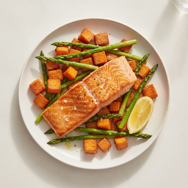 Seared Salmon with Roasted Sweet Potatoes and Asparagus