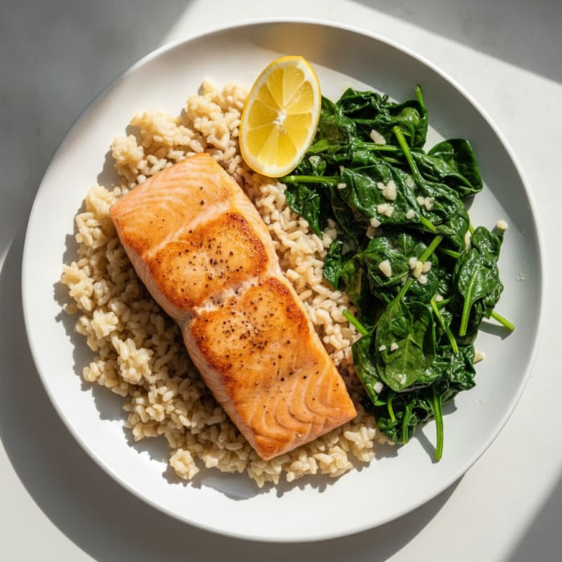 Seared Salmon with Garlic Spinach and Brown Rice