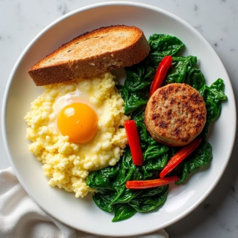 Egg White Scramble with Turkey Sausage and Sautéed Spinach