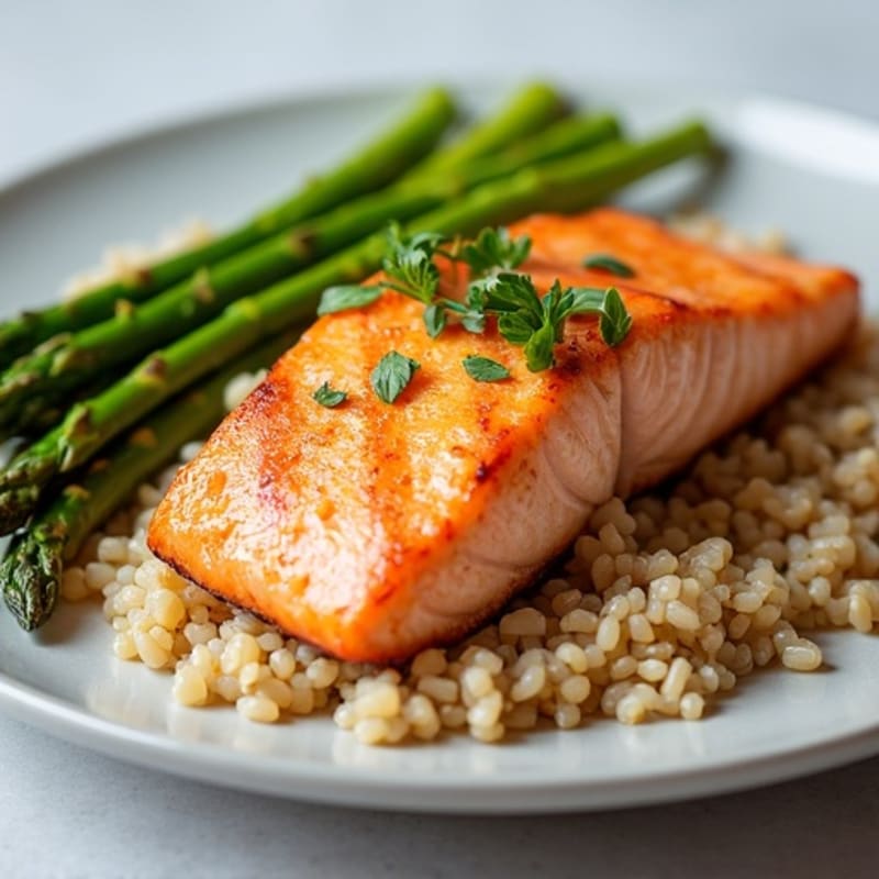 Seared Salmon Fillet with Steamed Asparagus and Brown Rice